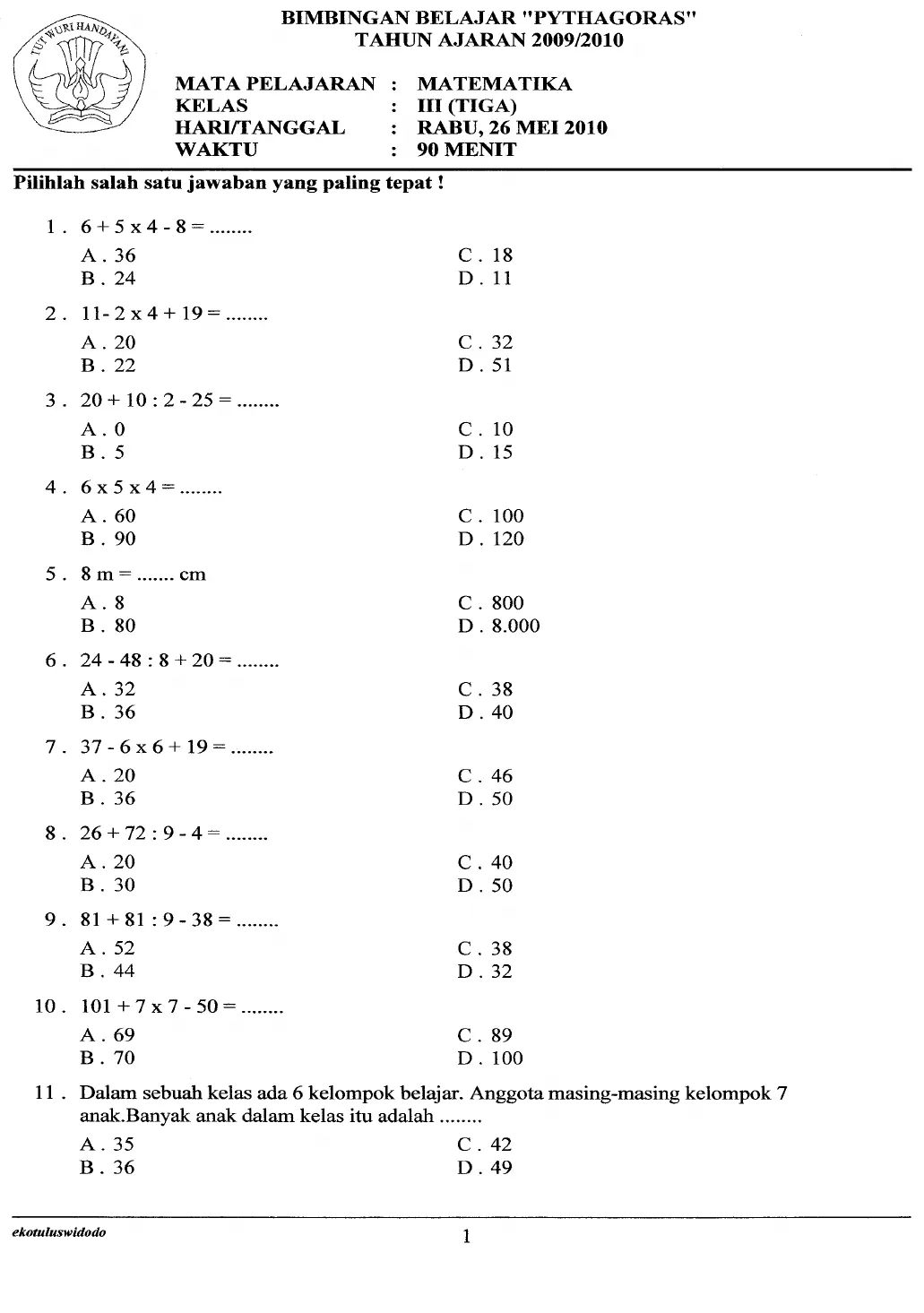 Soal Matematika Kelas 3 Sd Perkalian Dan Pembagian